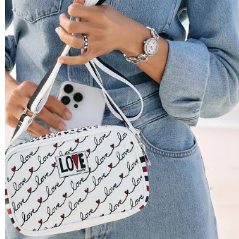 Brighton White 'Love' Script Crossbody Bag with Red Heart Accents